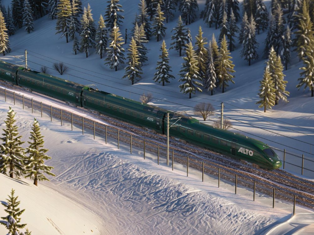 Picture of an alto train seen in distance, surrounded by snow and trees.